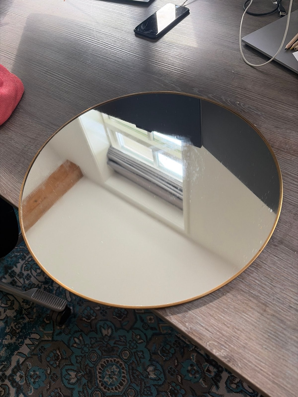 Ronde spiegel met gouden rand, Gebruikt, Rond, Ophalen of Verzenden, Minder dan 100 cm