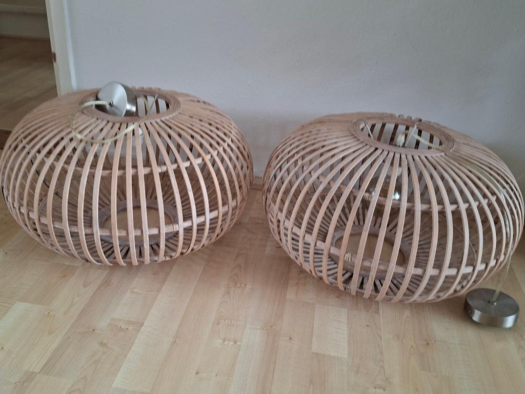 2x Karwei Indy Bamboe Hanglampen, Gebruikt, Bohemian, Scandinavisch, Natuurlijk, 50 tot 75 cm, Ophalen of Verzenden