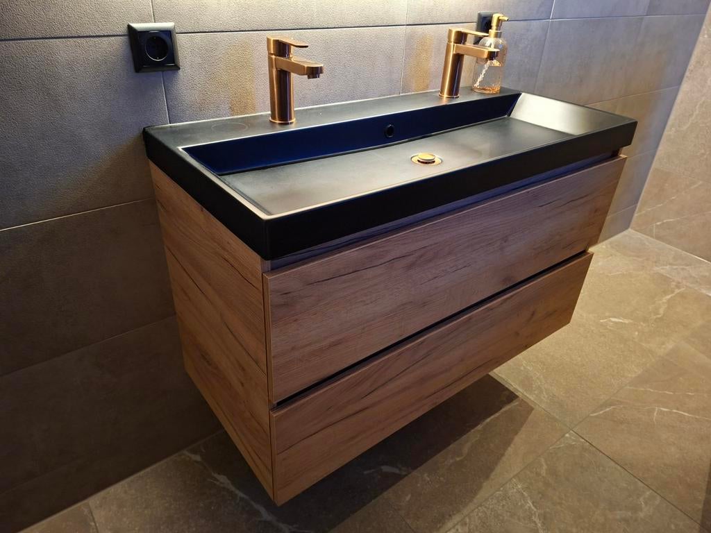 Compleet badkamer meubel eiken! Zwart | 2 kr gaten | 100x46, Huis en Inrichting, Badkamer | Badkamermeubels, Nieuw, Ophalen of Verzenden
