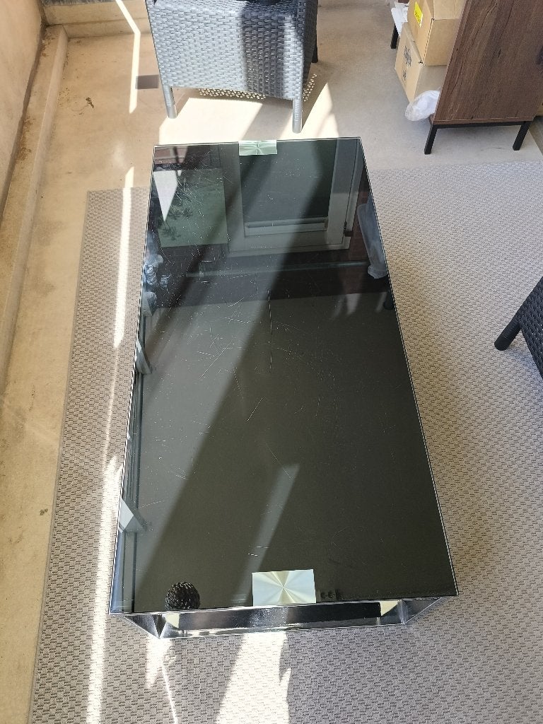Stijlvolle Salontafel – Modern Design – Zwart Glas & Chroom, Huis en Inrichting, Ophalen, Gebruikt, 100 tot 150 cm, 50 tot 100 cm