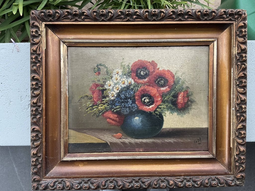 Gesigneerd schilderij: Vaas met bloemen op houten paneel, Bloemen, Paneel, Ophalen of Verzenden, Olieverf