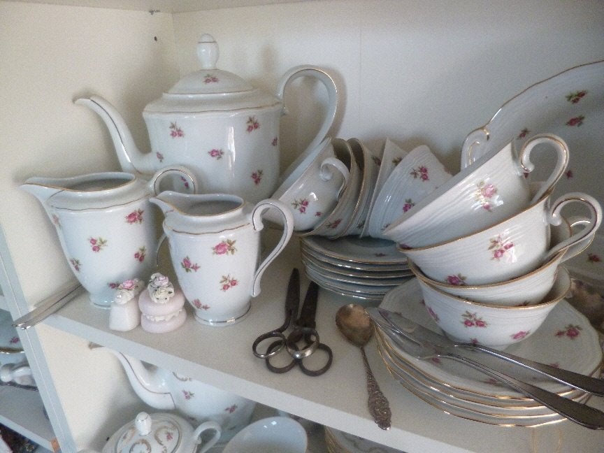 Koffieservies Rheinkrone Bavaria met roze roosjes, Ophalen of Verzenden