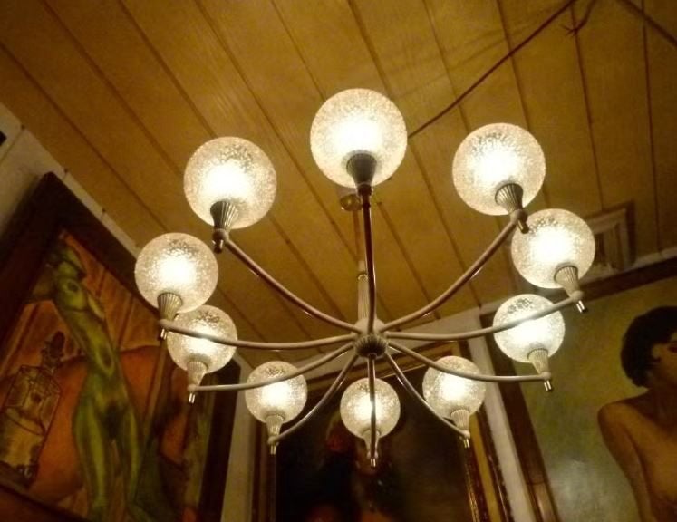 vintage luster hanglamp mid century 10 lp., Ophalen, Gebruikt, Mid century, E14 (klein)