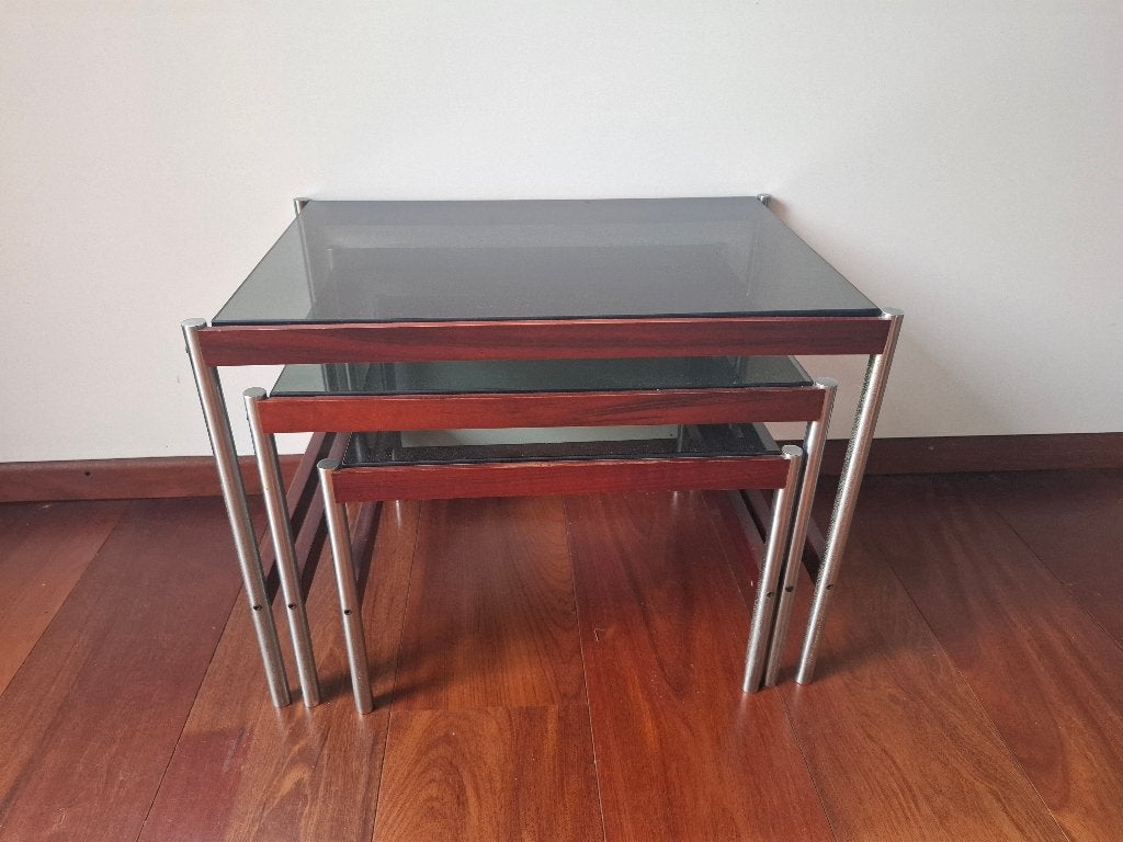 Vintage mimiset 3 bijzettafels rookglas, chrome hout, Ophalen