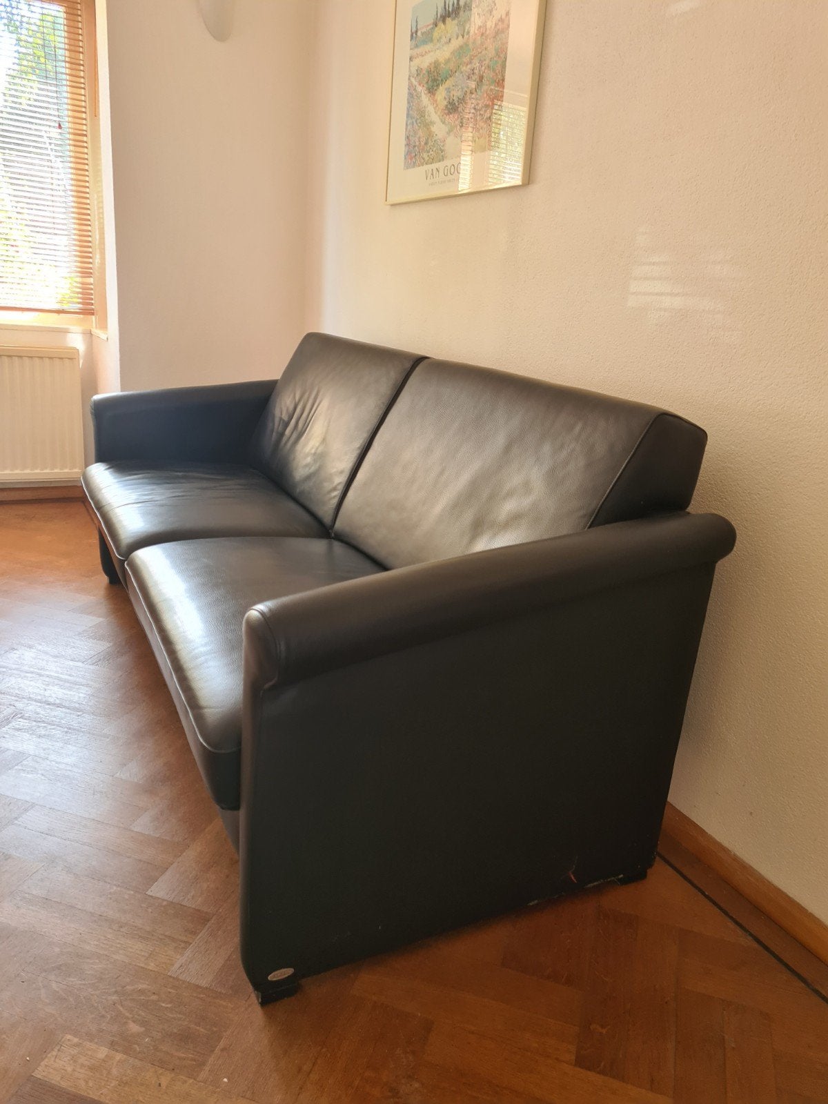 Zwart leren 3-zits bank met verstelbare rugleuning, Ophalen, Gebruikt, Driepersoons, Rechte bank