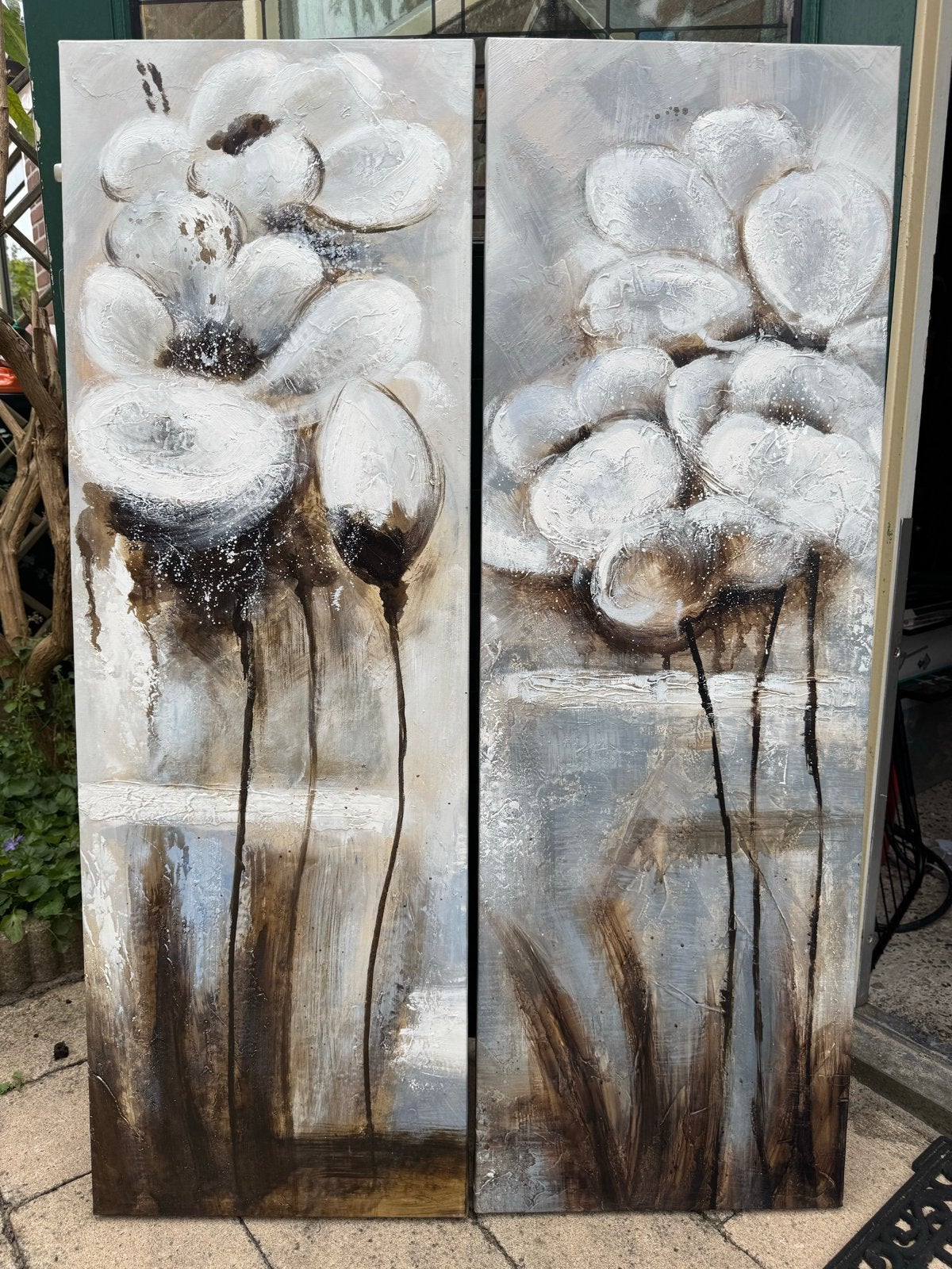 Set van 2 abstracte bloemenschilderijen op canvas, Acrylverf, Met textuur, Ophalen of Verzenden, Bloemen