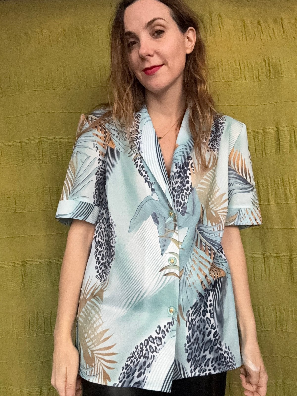 Vintage blouse - print - 90’s - blauw / groen - L/40, Maat 38/40 (M), Hgv, Blauw, Hgv