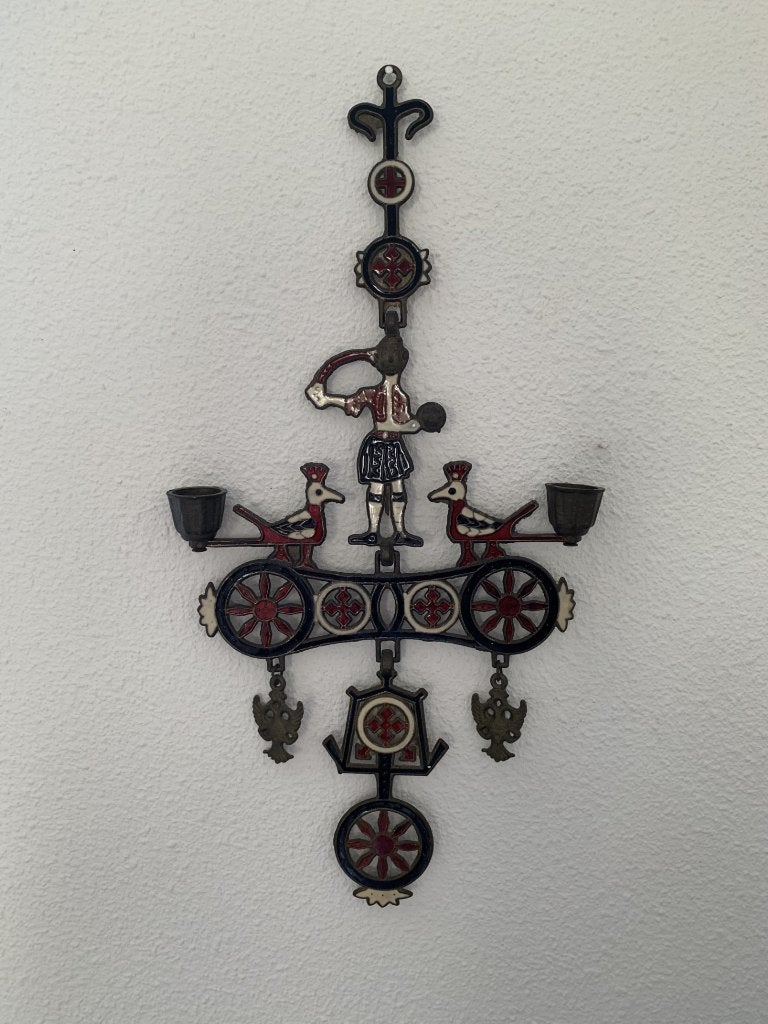 Byzantijns Kruis met kandelaars en mooie kleuren, Antiek en Kunst, Ophalen of Verzenden, Koper of Brons