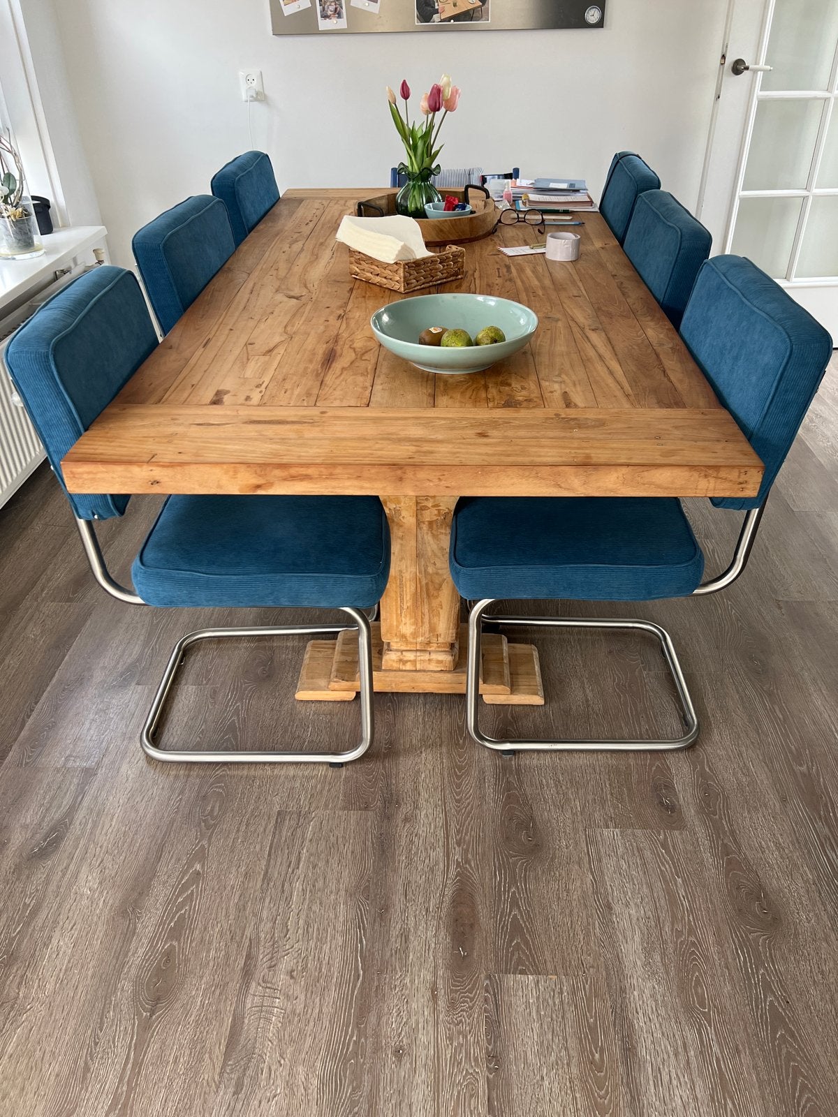 6 buisframe eetkamerstoelen - petrolblauw, Huis en Inrichting, 100 tot 150 cm, Ophalen of Verzenden, Zo goed als nieuw, Vijf personen of meer
