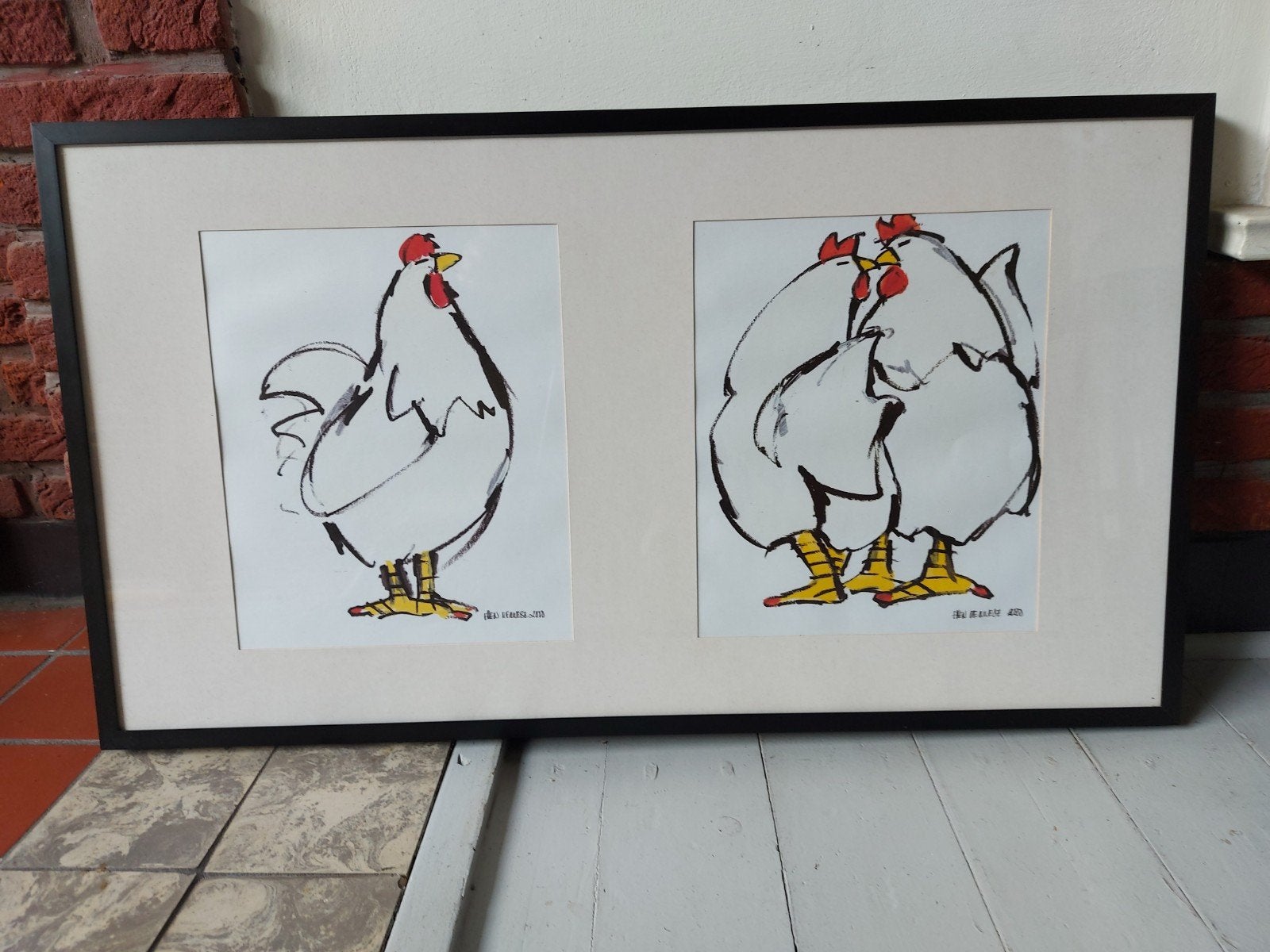 Tweeluik zeefdruk kippen Ellen Meuwese in  lijst, Ophalen of Verzenden, Dieren en Natuur