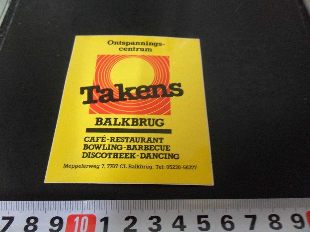 sticker Balkbrug TAKENS cafe restaurant Bowling Barbecue, Ophalen, Zo goed als nieuw