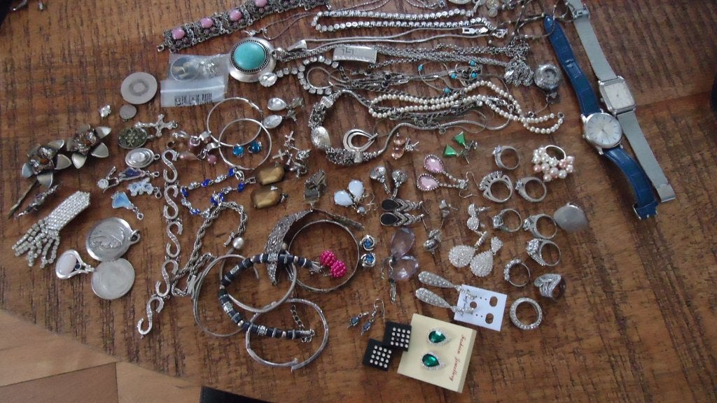 Zilver verguld lot 78 stuks  ketting armb. broche, oorbellen, Overige materialen, Gebruikt, Met hanger, Ophalen of Verzenden