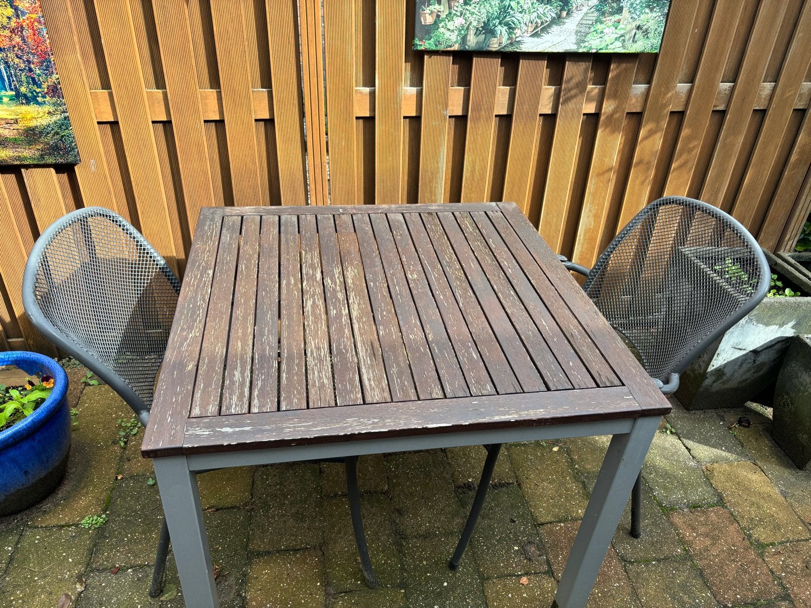 Houten tuintafel met metalen onderstel (demontabele poten), Ophalen, Gebruikt, Vierkant, Hout
