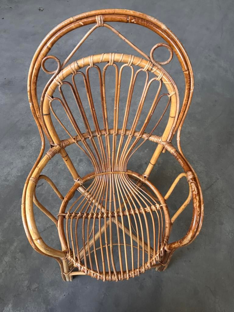 Rotan Rohé stoel fauteuil riet vintage ibiza, Ophalen, Zo goed als nieuw, 75 tot 100 cm, 50 tot 75 cm