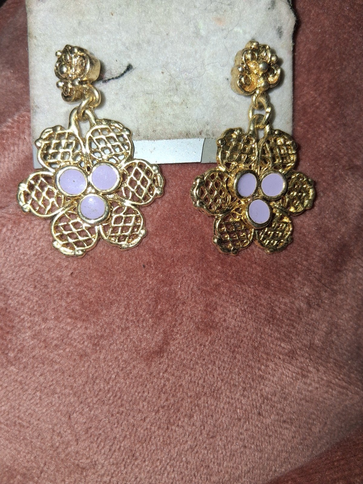 Gouden Oorbellen met Paarse Bloemen, Sieraden, Tassen en Uiterlijk, Oorbellen, Hangers, Ophalen of Verzenden, Zo goed als nieuw