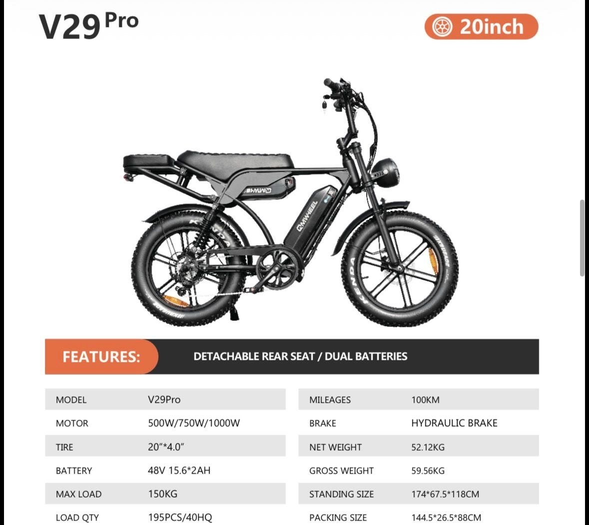 V29 Pro E-bike met dubbele en hydraulische remmen, Overige merken, Versnellingen, Nieuw, Ophalen of Verzenden