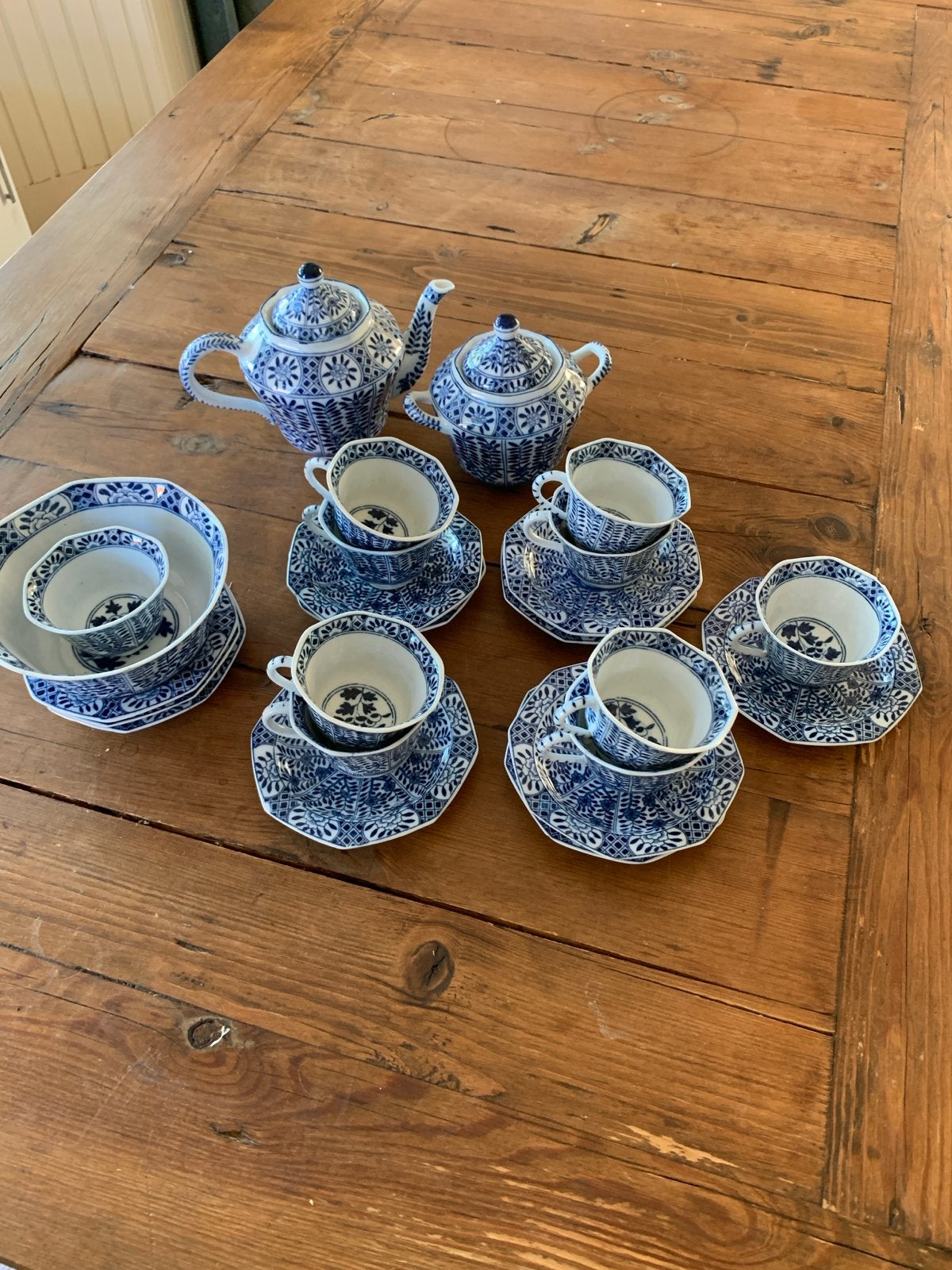 Prachtig blauw-wit theeservies, 9 personen, vintage, Ophalen