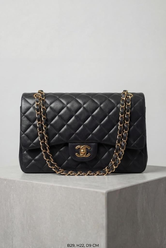 Chanel Classic Flap Jumbo Zwart Lamsleer — Designer Tas, Verzenden, Zo goed als nieuw, Zwart, Schoudertasje