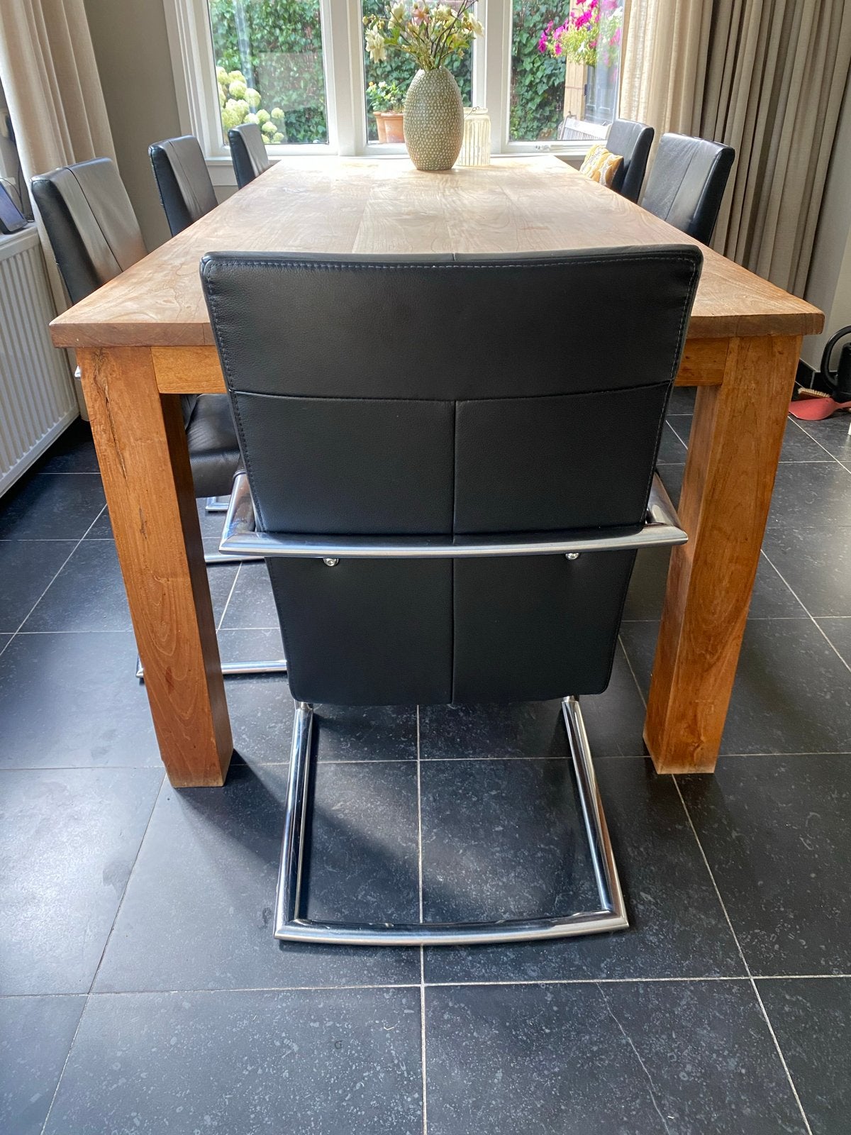 Teakhouten eettafel en/ of 6 lederen stoelen, Ophalen, Gebruikt, Teakhout, 200 cm of meer