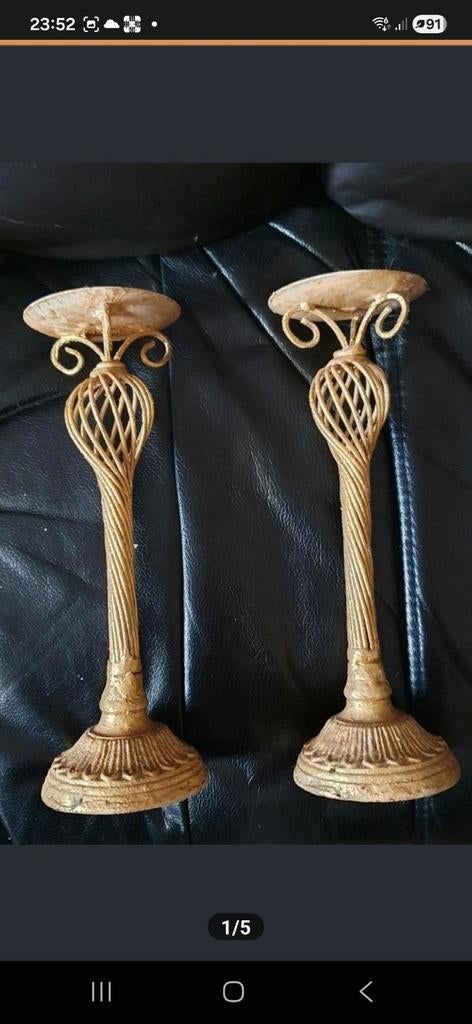 Twee goudkleurige kandelaars, Ophalen of Verzenden