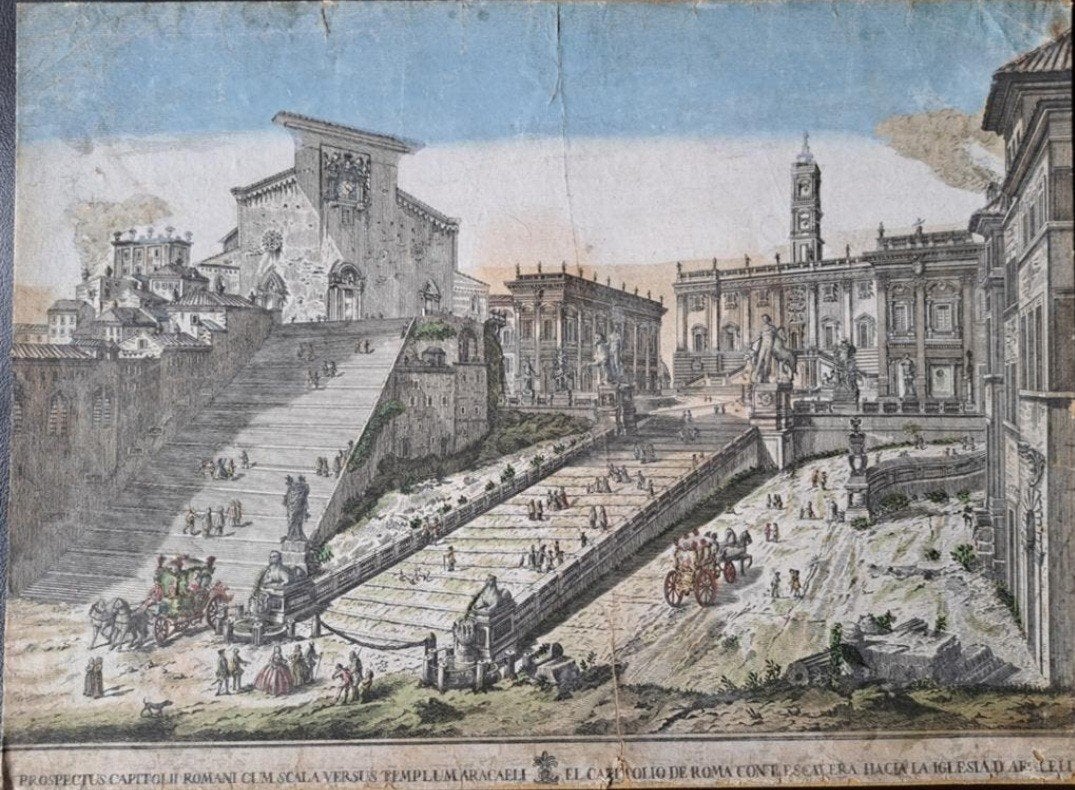 Handgekleurde staalgravure Capitool Rome (18e eeuw), Antiek en Kunst, Stadsgezicht, Ophalen of Verzenden, Gravure, Handgekleurd