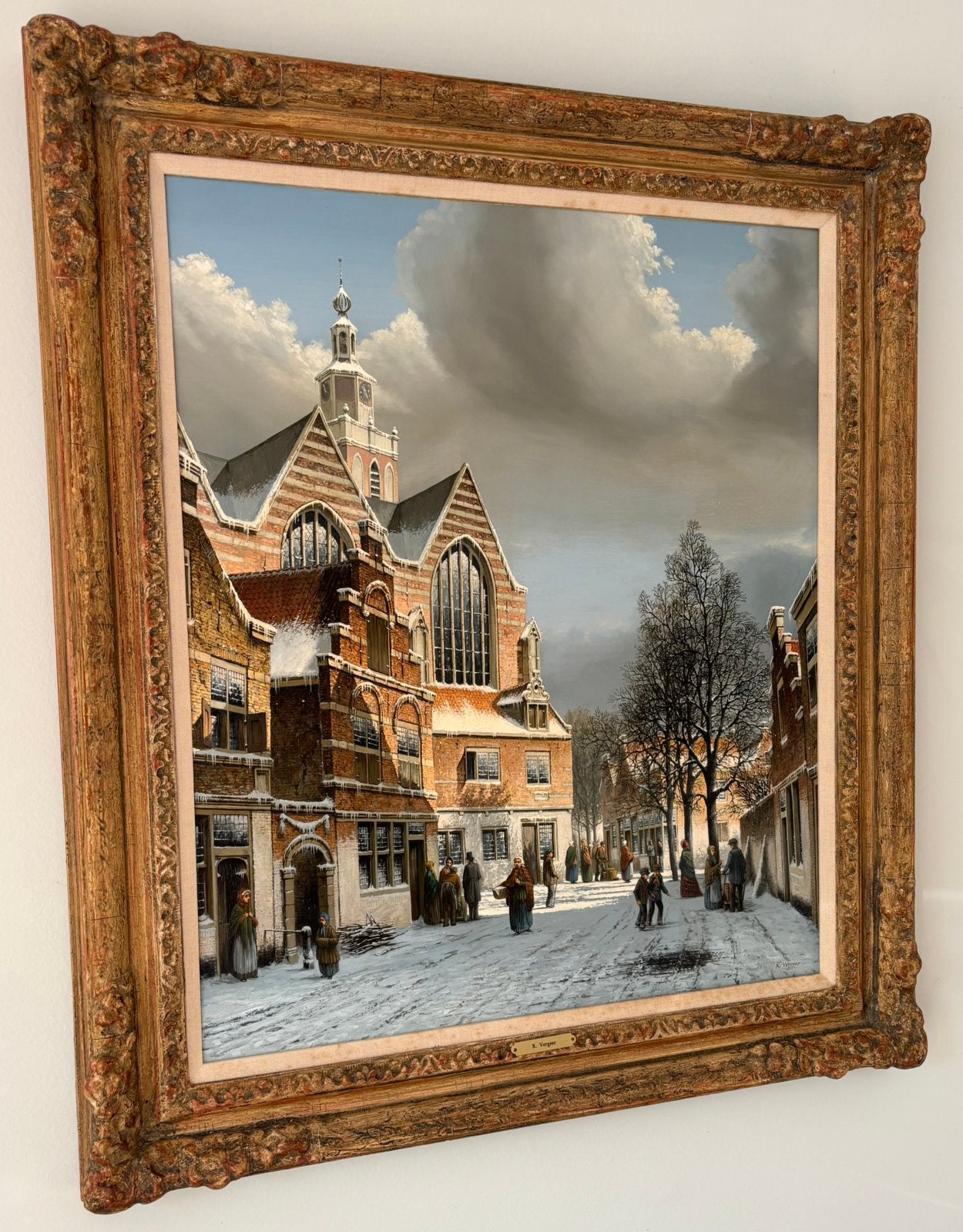 Schitterend winters straatbeeld, Antiek en Kunst, Kunst | Schilderijen | Klassiek, Paneel, Ophalen of Verzenden, Olieverf, Klassiek