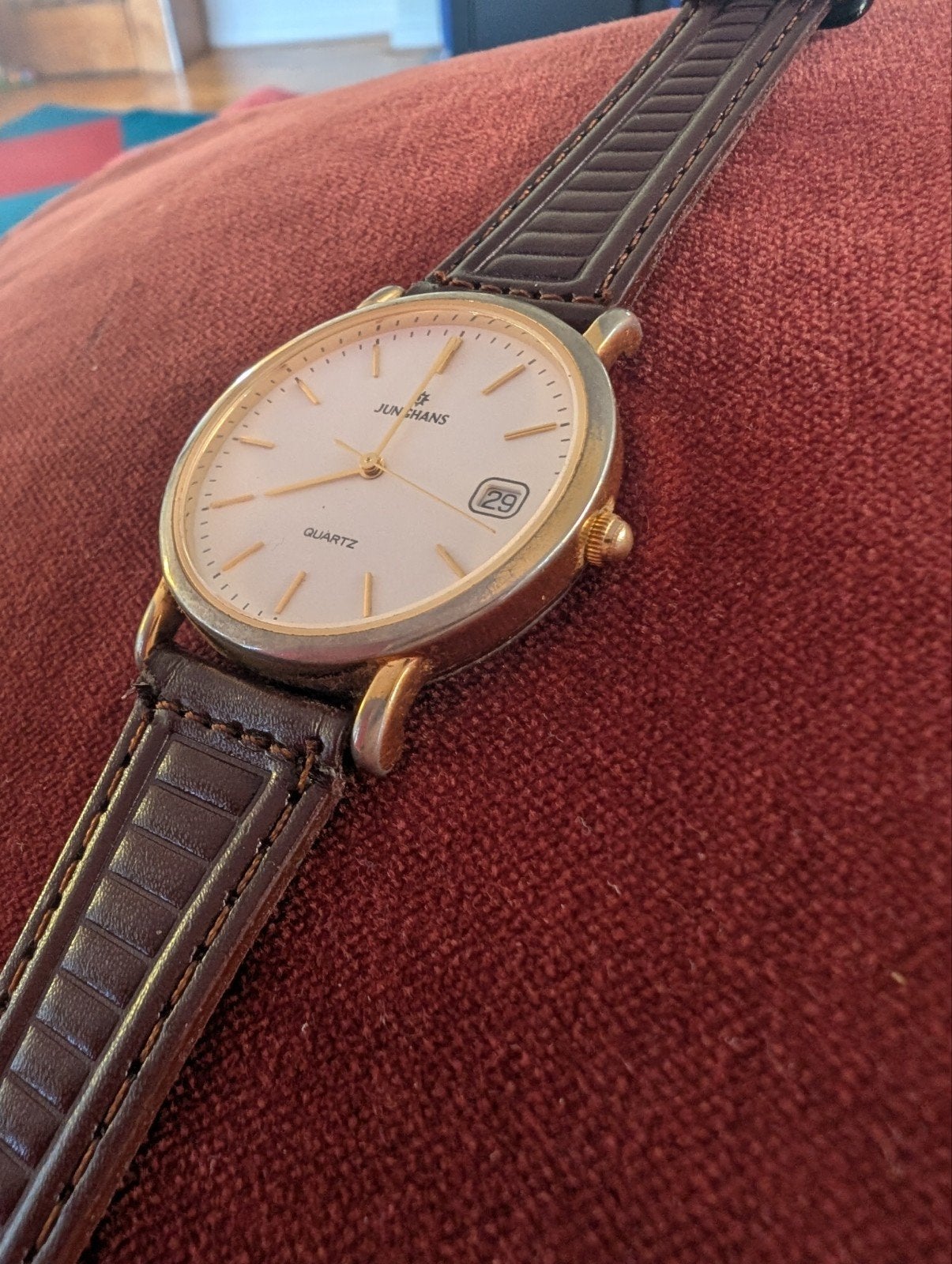 Vintage Junghans Quartz Polshorloge v397, Ophalen of Verzenden, Zo goed als nieuw, Leer, Overige merken