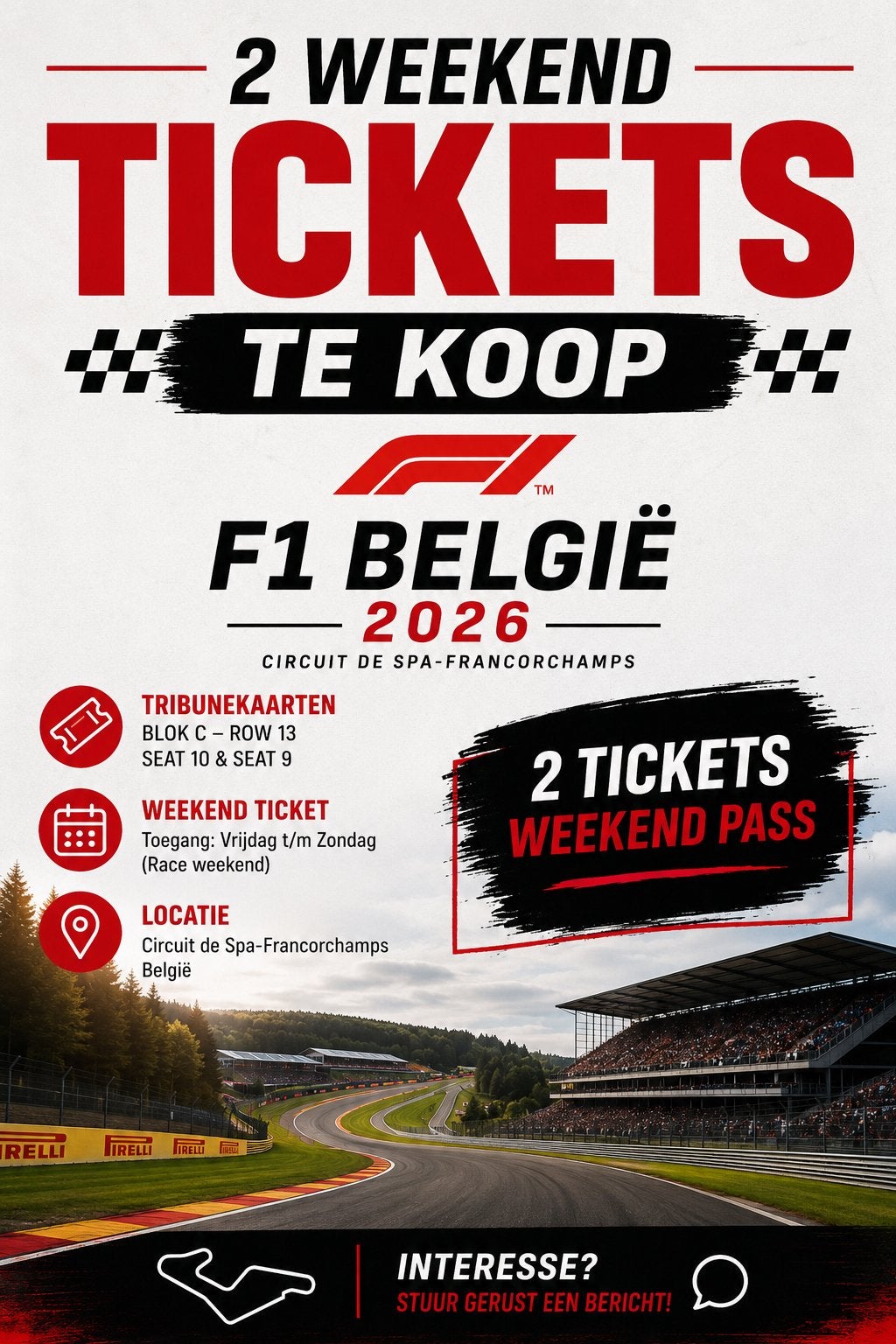 2x Weekendtickets Formule 1 GP België 2026 – Tribune Blok C, Tickets en Kaartjes, Twee personen