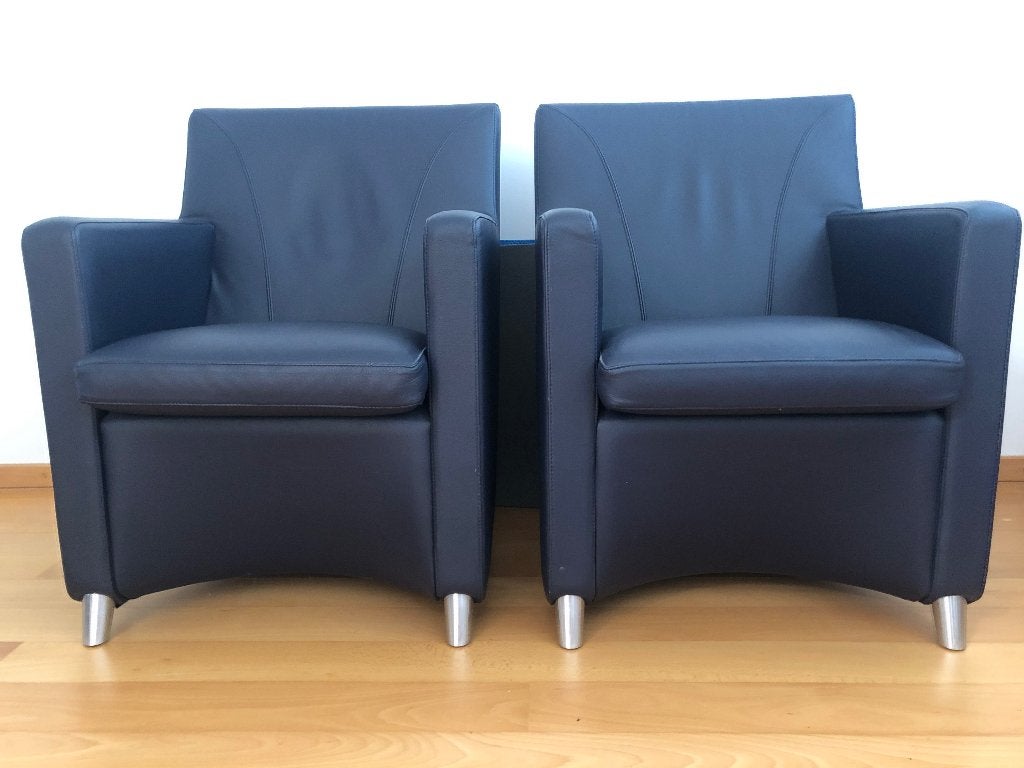 2x, Leolux Dolcinea fauteuil in blauw leder, Ophalen, Minder dan 75 cm, Leer, Zo goed als nieuw