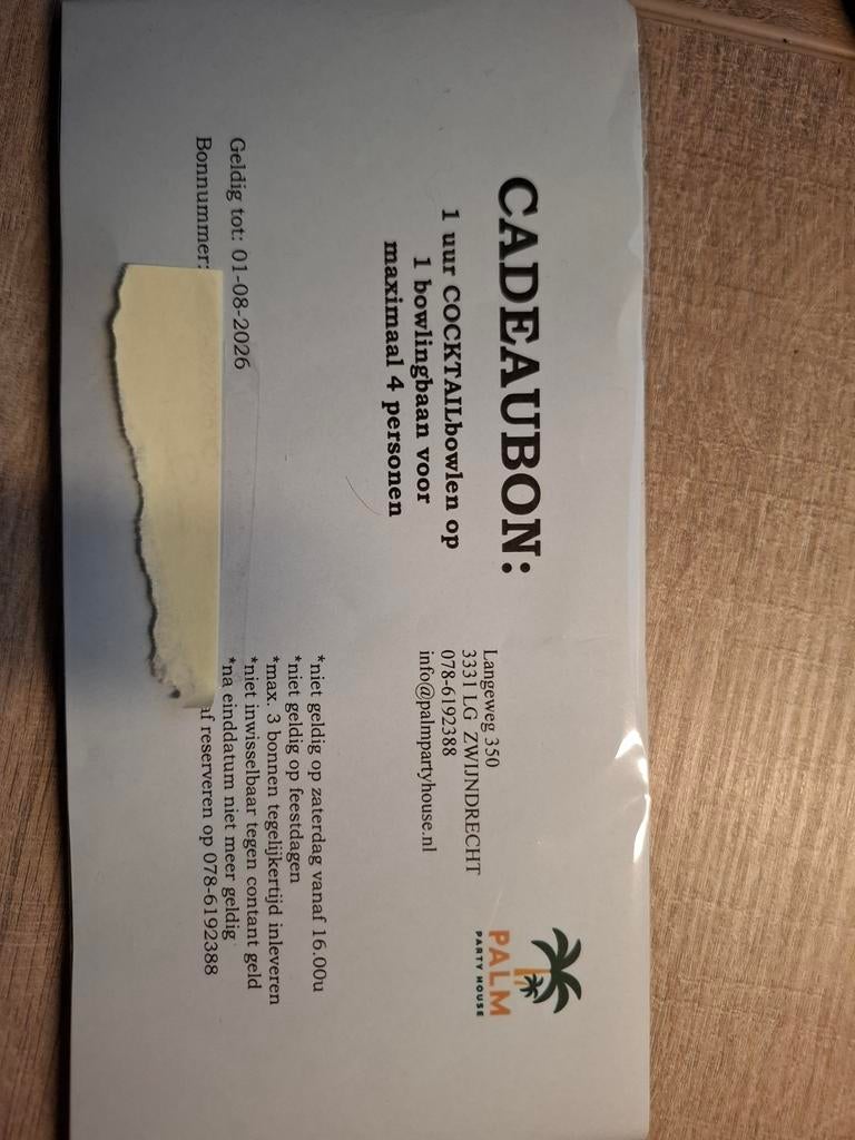 Cadeaubon 1 uur cocktail bowlen Palm Zwijndrecht, Tickets en Kaartjes, Drie personen of meer, Cadeaubon