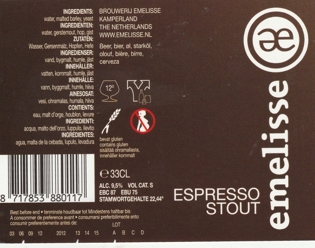 bieretiket Nederland Emelisse Espresso stout, Verzamelen, Biermerken, Verzenden, Nieuw, Overige typen, Overige merken