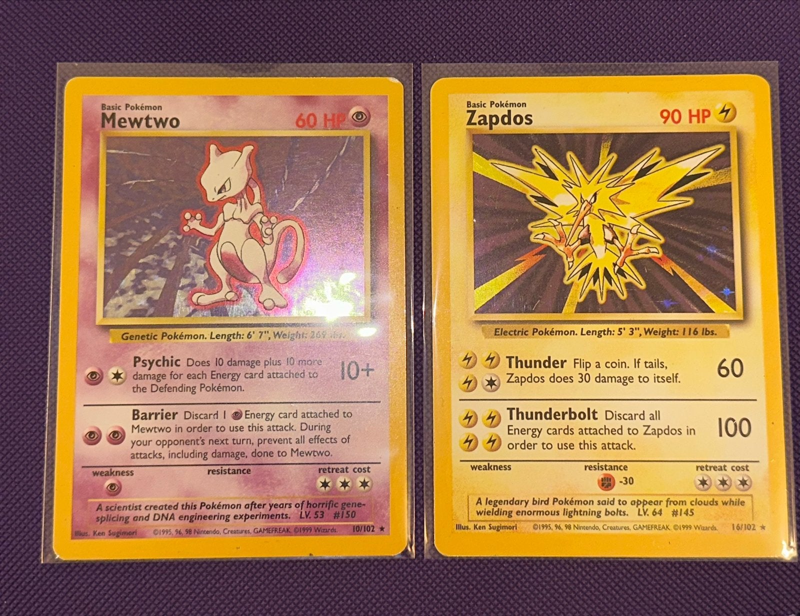 Mewtwo & Zapdos Holo Base Set Pokémon Kaarten, Ophalen of Verzenden, Gebruikt, Meerdere kaarten, Foil