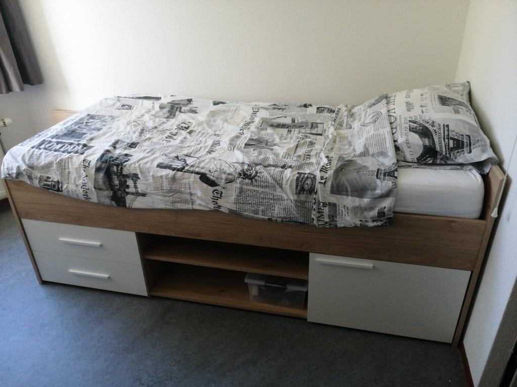 1-persoonsbed Oslo 90x200cm eikenkleur/wit, Huis en Inrichting, Slaapkamer | Bedden, Ophalen, Gebruikt, 90 cm, 200 cm