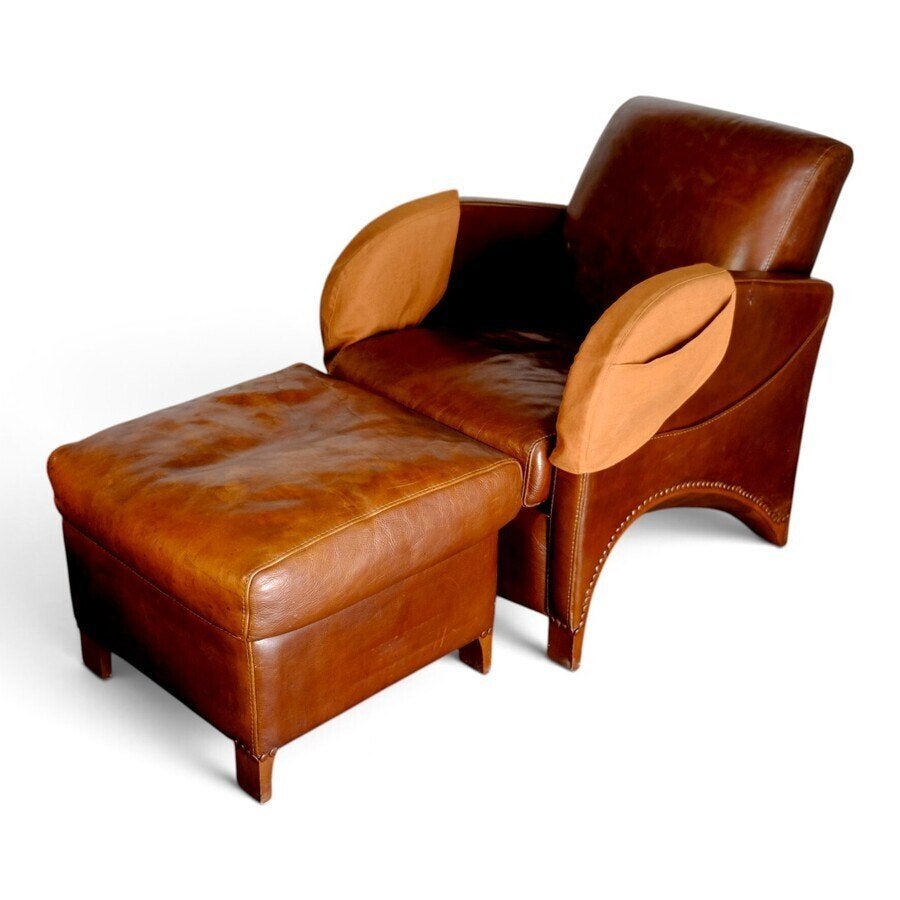Leren fauteuil met hocker, Baxter Italy, Gebruikt, 75 tot 100 cm, Ophalen of Verzenden, Leer