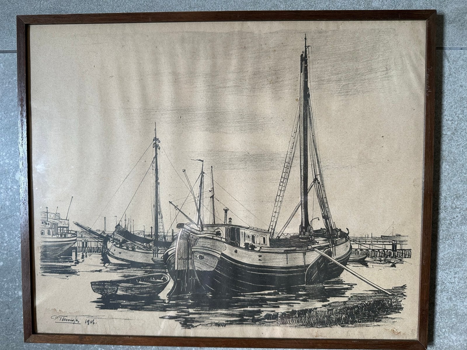 Tekening tjalken in Haven - Gesigneerd P. Teunissen, Ophalen of Verzenden, Tekening, Pentekening, Gesigneerd