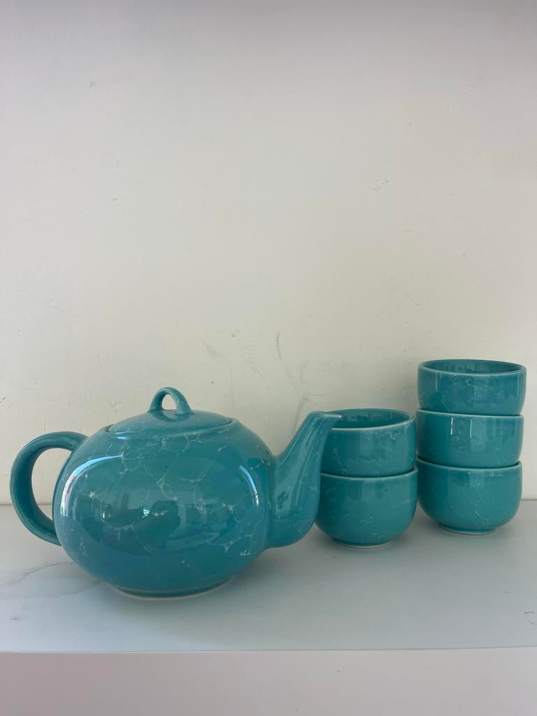 Gezellig turquoise theepotje met 5 mokjes, Ophalen of Verzenden, Keramiek, Effen, Overige typen