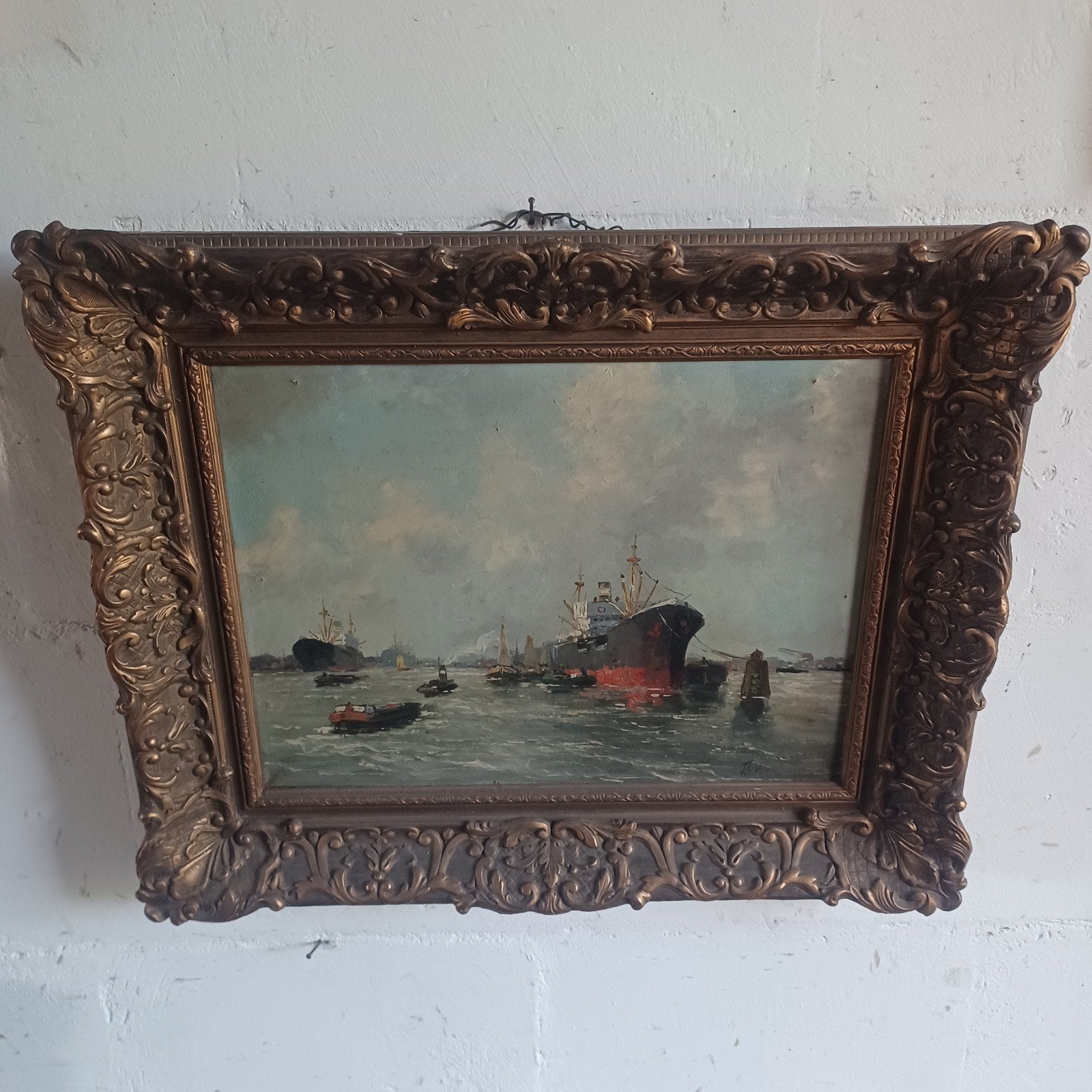 Olieverfschilderij: Maritiem Gezicht met Schepen, Ophalen, Maritiem / water, Doek, Origineel werk