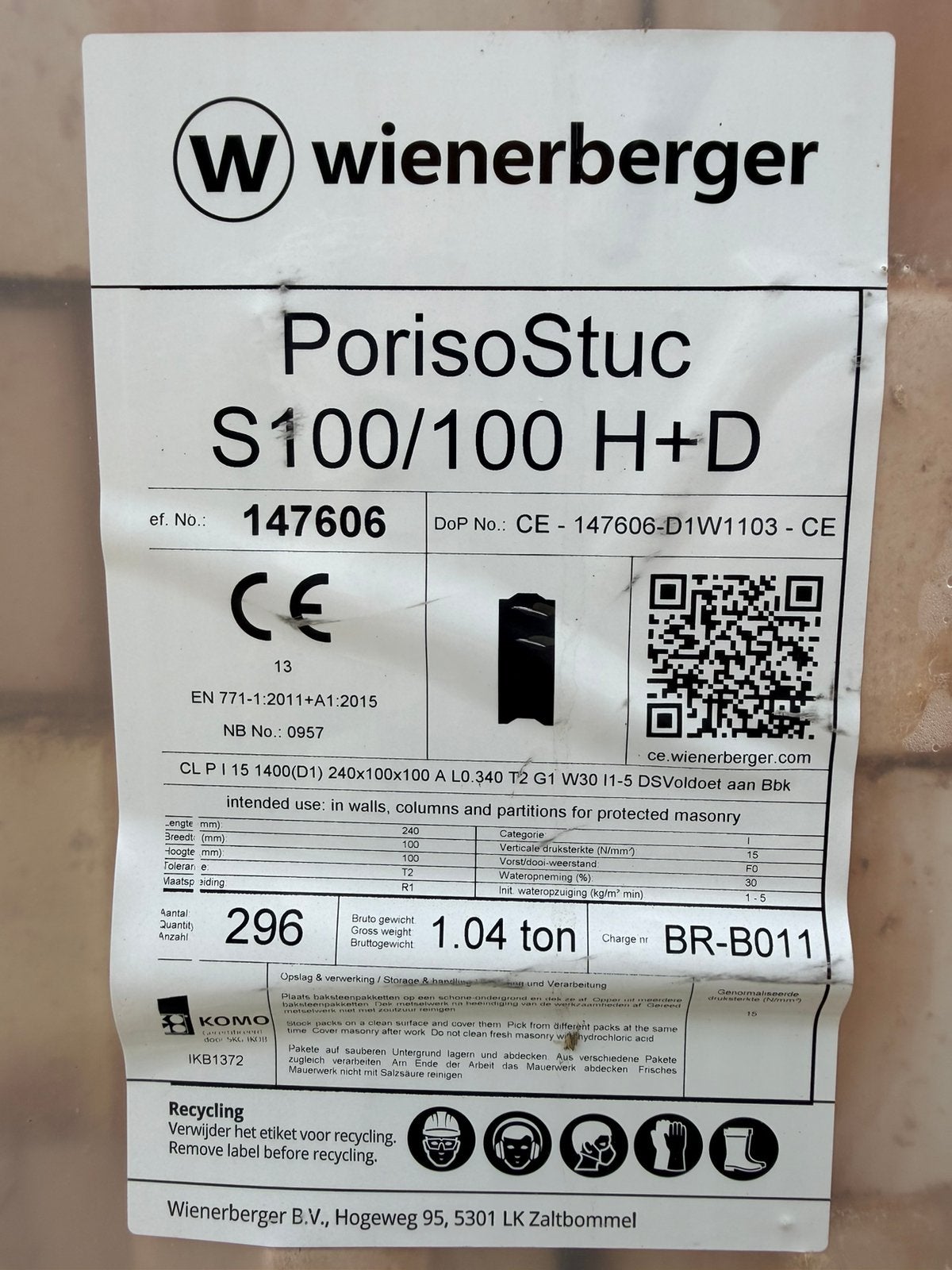 2 onaangebroken pallets PorisoStuc S100/100 592 stuks, Ophalen, Nieuw, Kalkzandstenen