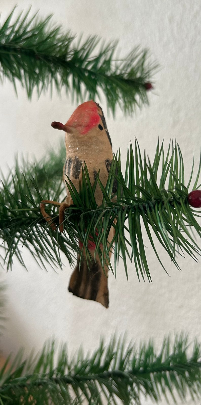 Antieke kerstbal, watten kerstvogel, specht, Ophalen of Verzenden