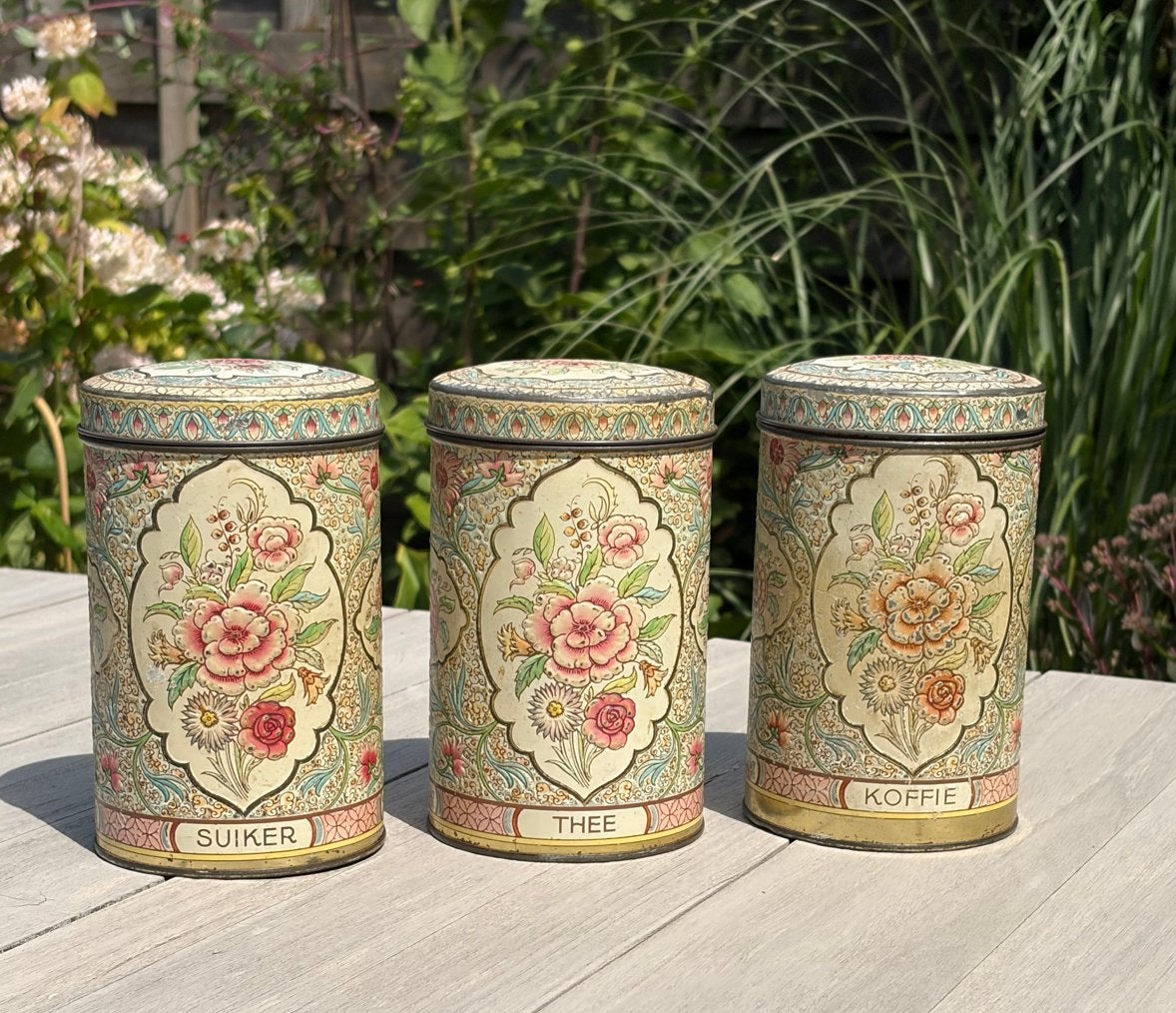 Vintage voorraadblikken set met bloemen, Ophalen of Verzenden
