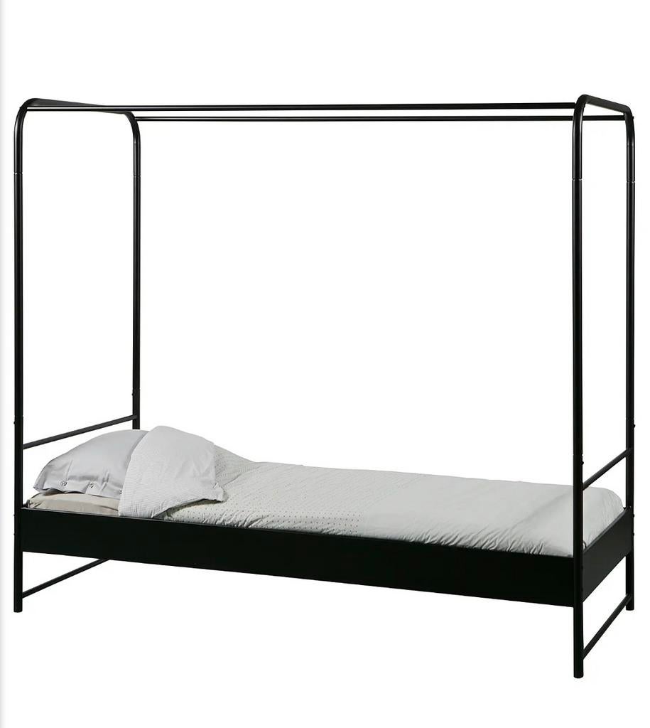 Zwart metalen hemelbed - Eenpersoons, Ophalen, 90 cm, Eenpersoons, Zwart