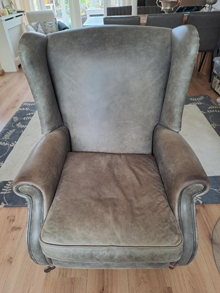 Leren fauteuil met relaxfunctie - bruin/taupekleur, Gebruikt, Klassiek, Comfort, Ophalen of Verzenden, 75 tot 100 cm