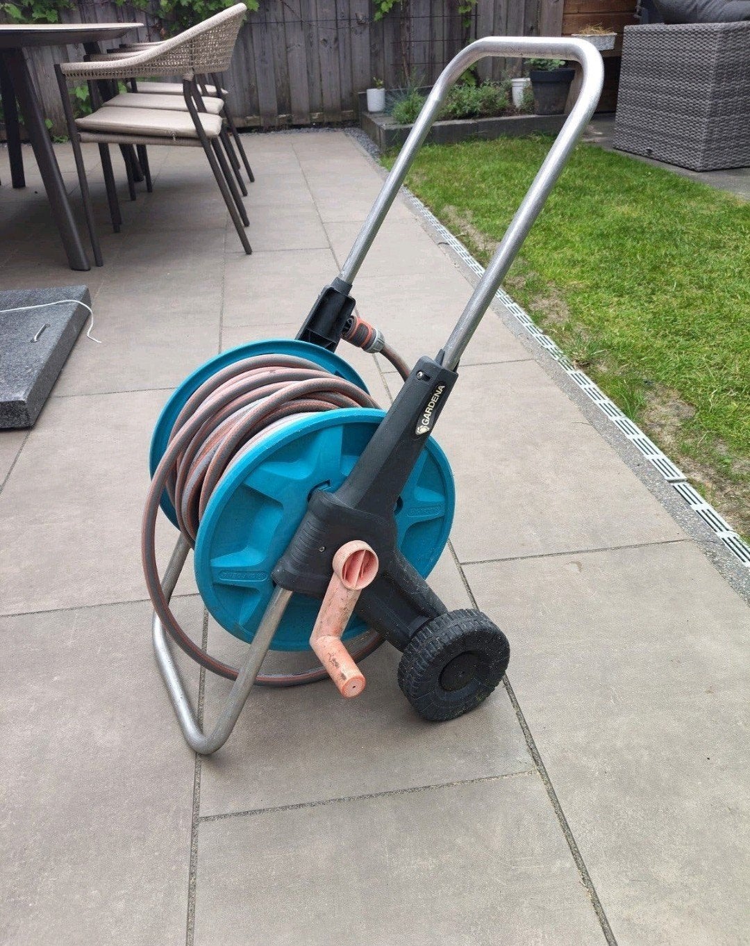 Gardena tuinslanghaspel met slang, circa 15 meter, Ophalen, Gebruikt, Tuinslanghaspel