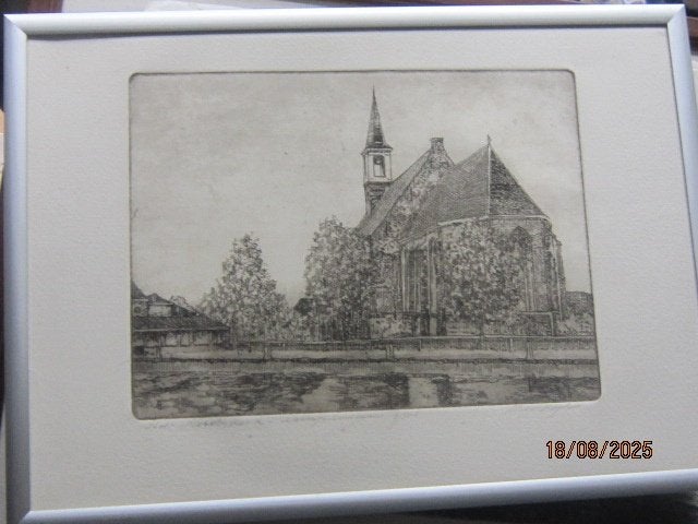 Alluminium lijstje met een ets vd kerk van Schipluiden, Ophalen, Architectuur, Ets, 1950 - 1999