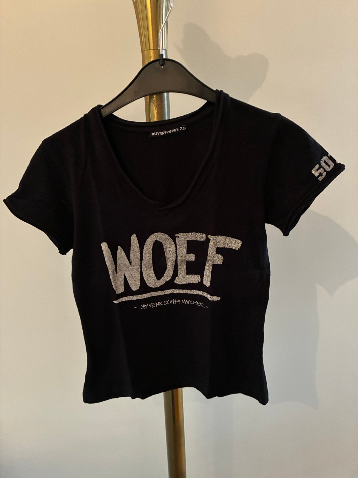 Zwart T-shirt met 'WOEF' opdruk - DUTCHYPUPPY XS, Zwart, Ophalen of Verzenden, Korte mouw, Maat 34 (XS) of kleiner
