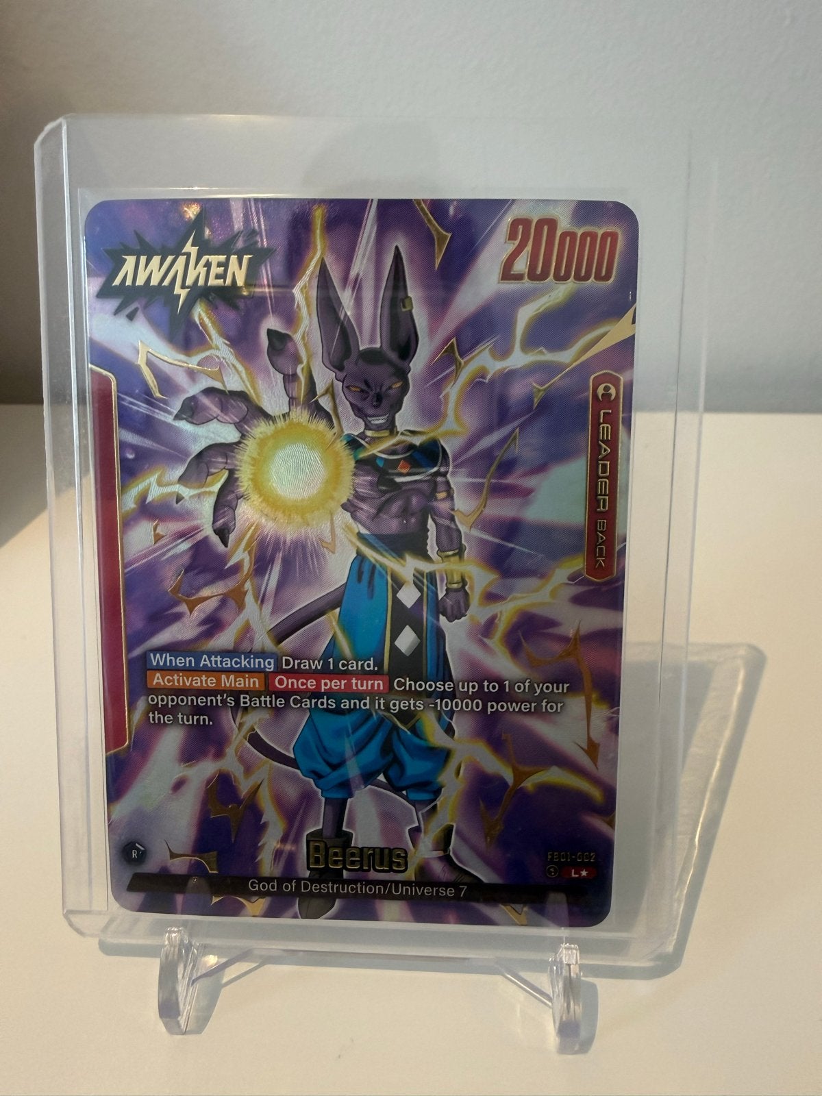 FB01-002 Dragon Ball Super Card Game Beerus Leader Kaart, Ophalen of Verzenden, Zo goed als nieuw, Losse kaart