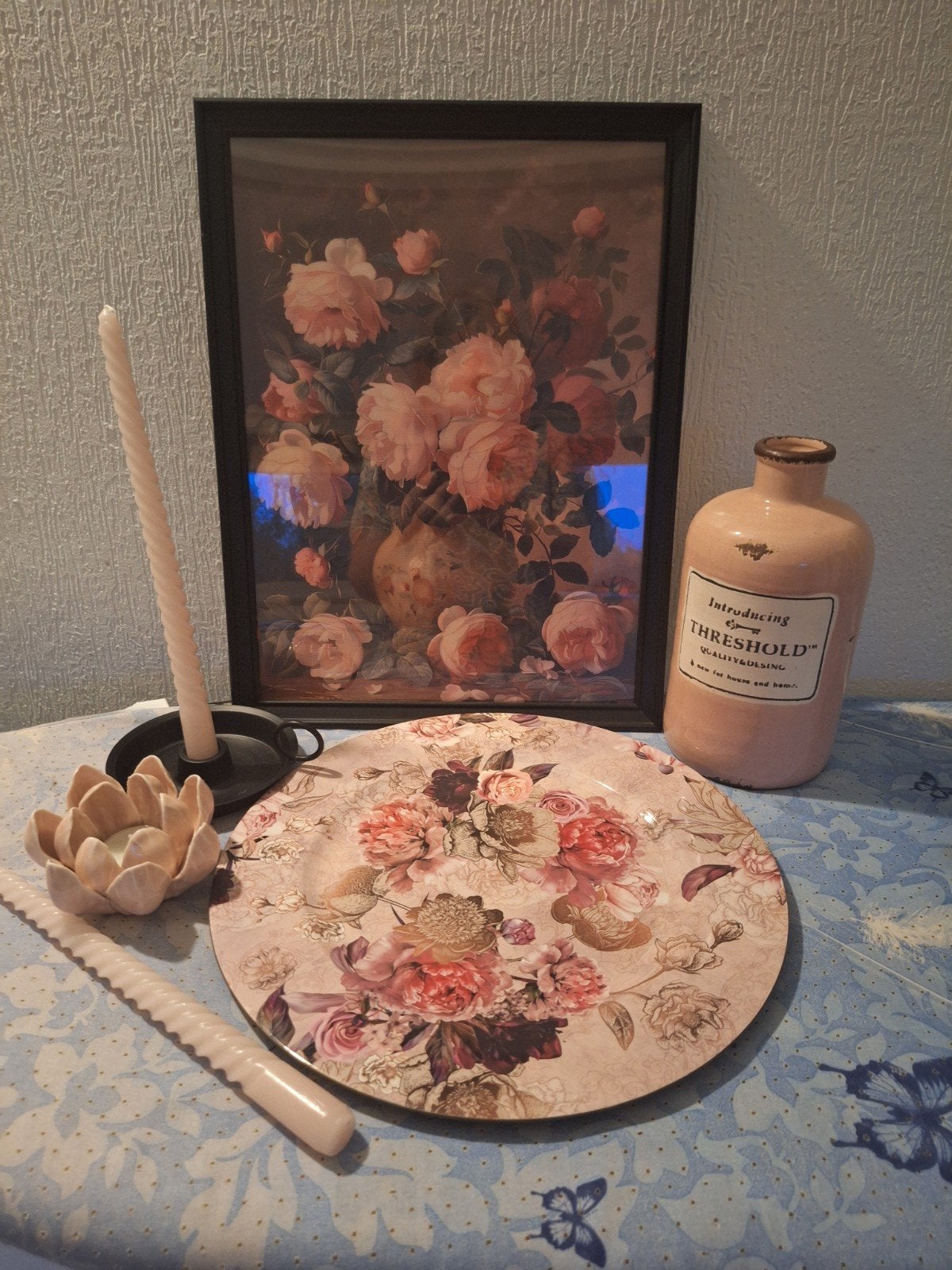 Decoratieve set: Schilderij, vaas, kaarsen en schaal, Ophalen, Vintage, Meerkleurig, Overige materialen