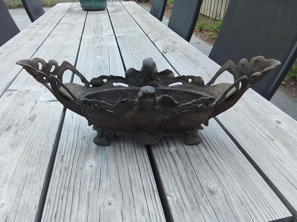 Antieke bronze plantenbak met vrouwenhoofd en uitneembare ba, Ophalen of Verzenden