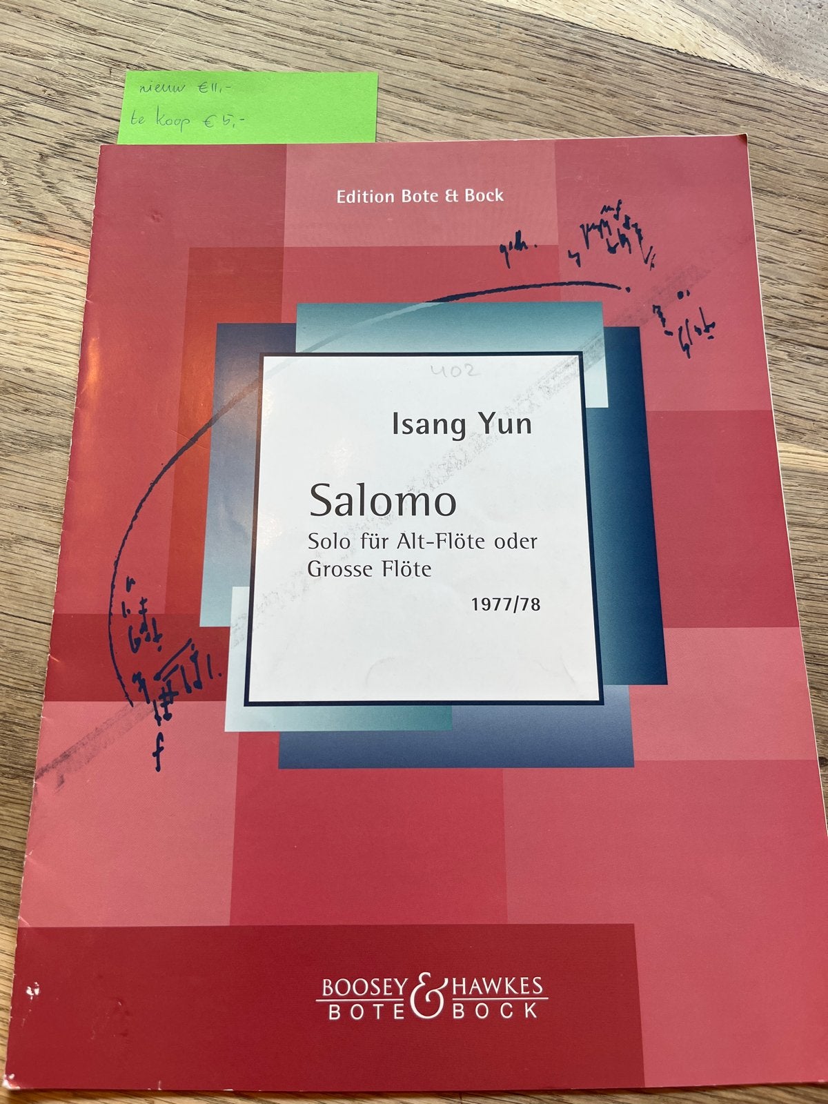 Isang Yun - Salomo voor Alt-Fluit of Grote Fluit (1977/78), Muziek en Instrumenten, Gebruikt, Klassiek, Ophalen of Verzenden, Dwarsfluit of Piccolo