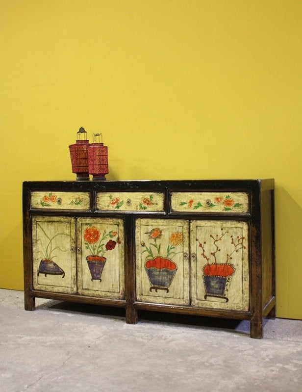 Boho Landelijk Beschilderd Dressoir Unieke Aziatische Kast, Met deur(en), 150 tot 200 cm, Nieuw, Ophalen of Verzenden